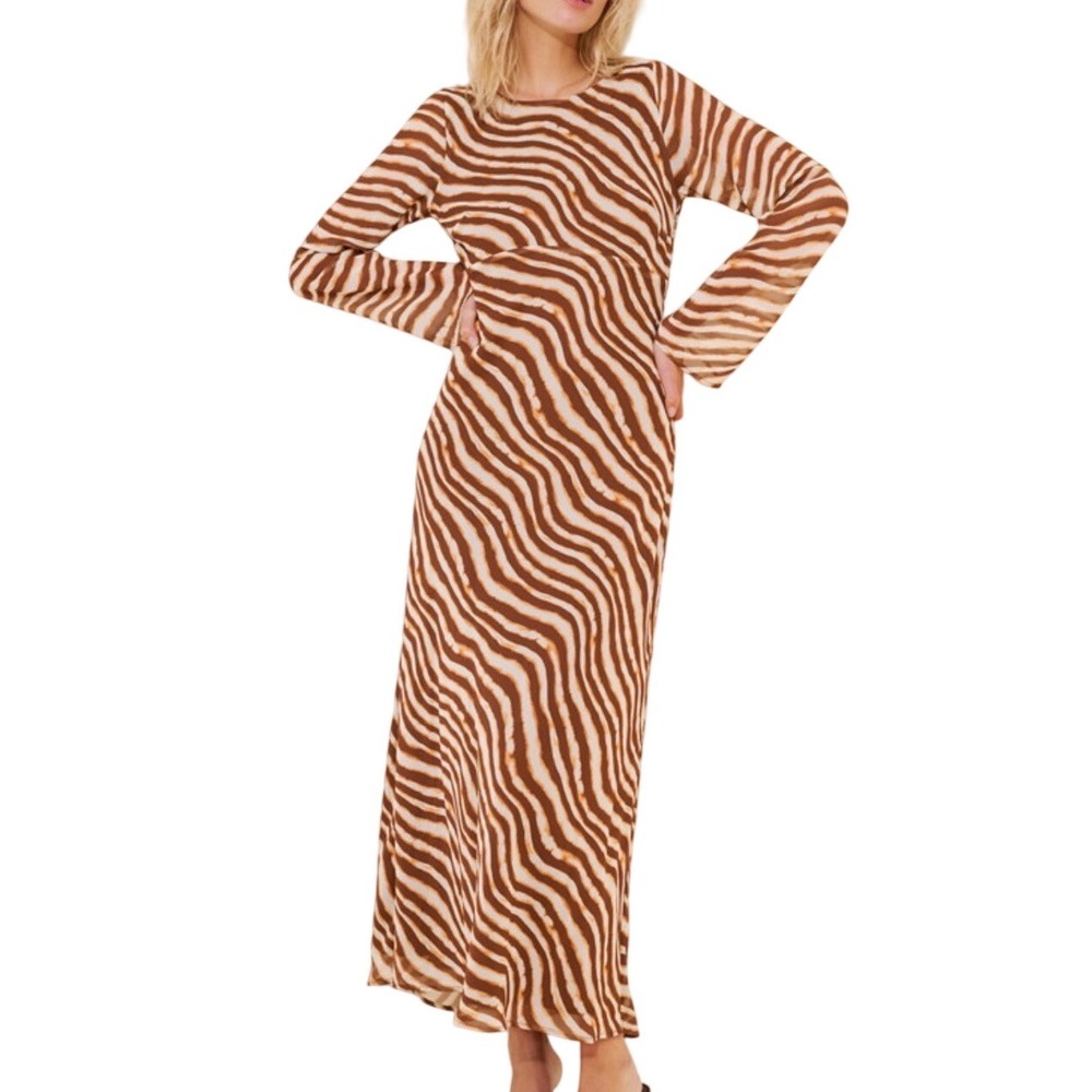 Ownley Valentina Long Sleeve Maxi Dress Animal Print Size L Zebra Open Back
